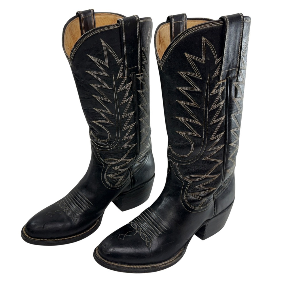 Cats Paw Western Cowboy Boots Womens 6 Black Leather White Stitching Almond Toe